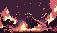 Pixel art panorama of superhero MonoMax in pink attire and cape standing defiantly in front of a roaring fire at night.