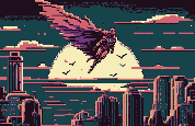 Pixel art of a pink superhero soaring over a city at night.