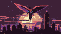 Pixel art of a pink superheroine soaring over a city illuminated by fireworks at night.