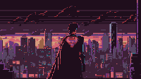 Pixel art of a pink superheroine gazing over a cityscape at night.