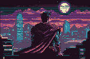 Pixel art of a pink superhero looking over a cityscape at night.