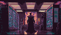 Panoramic pixel art of a pink superhero standing in front of a large, mysterious computer terminal inside a cyberpunk library filled with server racks, LEDs, tablets, computers, and monitors, located in a cave setting at night.