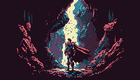 Pixel art panorama of a strong pink superhero inside a cave illuminated by shimmering crystalline light at night, wide shot.