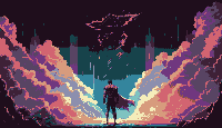 Panoramic pixel art of a strong pink superhero standing on a pedestal surrounded by hovering data crystals in Cryptic Cloud, a mystical realm hidden within the swirling mists of cyberspace, depicted at night, wide shot.