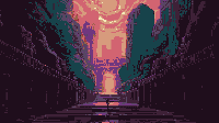 Panoramic pixel art of a pink superhero in an ancient temple structure, hidden deep within the canyons of a night-time digital computer LED landscape, wide shot.