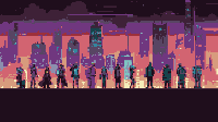 Panoramic pixel art of a row of colorful and diverse superheroes, standing against a city backdrop at night, wide shot.