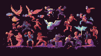 Pixel art of a chaotic scene featuring a diverse group of superheroes, including a pink one, in action at night.