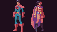 Pixel art depicting the transformation of a pink superhero from male to female at night.